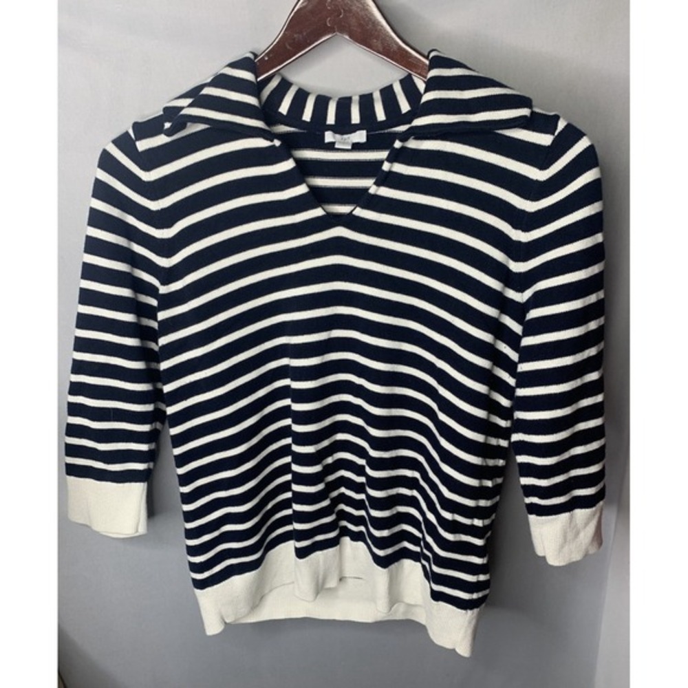 Women's S J. Jill Stripes Collared Sweater 1/2 Sleeve Blouse ‎ Navy & White